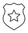 © Shibani - Sleek minimalist black outline vector icon of a police badge with a central five-pointed star, ideal for law enforcement, security, protection, and authority-themed graphic design projects.