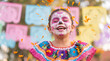 © Morrina - Mexican girl with Catrina-inspired sugar skull makeup and ruffled dress laughing among falling marigold petals, ideal for Day of the Dead promotional visuals and posters.