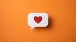 © MindsTock - Hand holding white paper speech bubble with red heart icon isolated on orange background representing love communication and positive social engagement in professional photography style