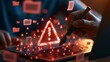 © Mia - digital warning alert displayed on laptop with document icons, representing system risk, data threat, cyber alerts, file security issues, online protection challenges in modern digital environments.