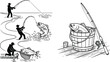 © Limon - Angler catching big fish with spinning rod landing net and fresh catch inside wooden bucket set