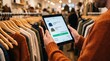 © NurFatimah - Customer in clothing boutique holding tablet computer displaying digital shopping cart and checkout screen, reviewing selected fashion items like shirts and jackets with total
