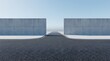 © Pixels Stock - A stark minimalist road leads through a gap between two imposing concrete walls under a clear sky creating abstract geometric perspective.