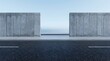 © Pixels Stock - A stark minimalist road leads through a gap between two imposing concrete walls under a clear sky creating abstract geometric perspective.