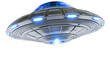 © JS Media - Classic saucer shaped UFO spacecraft isolated on white background with glowing blue lights