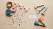 © Vanderlei - Party supplies including streamers confetti and noisemakers on a wooden background