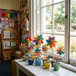 © Naniart - collection of miniature spinning pinwheels catching a soft breeze on a windowsill inside a bright, rainbow-themed classroom.