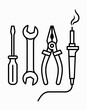 © MDFARID - Repair tools outline icons with screwdriver, wrench, tweezers, soldering iron, and hardware symbols for maintenance, electronics, and workshop.