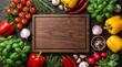 © Masque - Fresh colorful organic vegetables and herbs arranged around a rustic wooden cutting board.