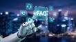 © Masque - Futuristic robot hand interacting with technological icons for online FAQ and support concepts.