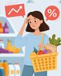 © lashkhidzetim - Woman holds shopping basket, frowning, head in hand. Price tags and inflation symbols float nearby. Grocery shelves behind her hold fresh produce. Her expression shows stress and financial concern