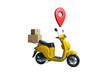 © Who is Danny - Yellow delivery scooter with packages and location pin, clean 3D Rendering on white isolated background, logistics concept