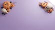 © MD THAHID - Flat lay composition of human skulls and orange pumpkins arranged as corners on a light purple background for halloween