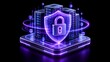 © Widdi - Isometric miniature glowing purple padlock protecting a database server