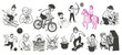 © Coffee and TV - A collection of simple line drawings depicts various everyday activities and leisure pursuits, showcasing a diverse range of human engagement and hobbies.