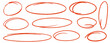 © PawLoveArt - Hand drawn pencil sketch ovals. Brush strokes circles, ellipses pencil doodle style set. Red round thin frames, freehand shapes, emphasis highlights. Vector elements for diagrams, banner, poster