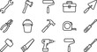 © MdAnarulIslam - House renovation equipment icon pack featuring carpenter toolbox bucket axe mallet roller and masonry repair elements