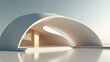 © Ruhan - Futuristic white curved pavilion features minimalist architecture with glowing portal and reflective flooring.