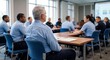 © Curioso.Photography - Police officers sitting around a conference table participating in a staff meeting and training briefing in a modern room.