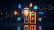 © Desti - Illuminating Innovations A Fusion of Lightbulb, Battery, and Futuristic Technology Icons on a Dark Circuit Board Background
