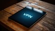 © Anas - Tablet displaying vpn text on a rustic wooden table