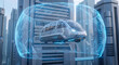 © Jana - Futuristic autonomous flying passenger pod surrounded by glowing blue energy shield hovers above modern highway in high tech science fiction city