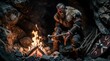 © Pete - Nordic warrior sharpens axe near campfire inside rocky cave. Bearded man in furs prepares weapon, shield nearby. Firelight illuminates dark den, creating dramatic scene. Historical reenactment,
