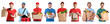© New Africa - Food delivery service workers. Collection of portraits on white background