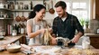 © creativestock - Happy couple making fresh pasta together in a rustic kitchen with a pasta machine and ingredients