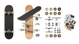 Skateboard parts collection on white background. Wooden deck, metal trucks, and wheels set. Exploded view of skating equipment components.