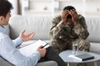 © Prostock-studio - Worried Black Male Soldier Discussing Personal Issues With Therapist In Professional Office Setting, Seeking Support And Counseling. Focus On Mental Health And Wellbeing.