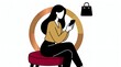 © MOM'S STUFF  - Woman shopping online using a smartphone while sitting on a red stool
