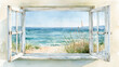 © Newstep - Open window overlooking a serene beach with gentle waves, sand, and coastal grasses under a clear blue sky.