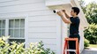 © CuteBee - Young man installing white outdoor security camera on exterior wall of residential house using handheld screwdriver while standing on orange ladder to secure home premises