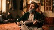 © Dwey - A musician singing a traditional Afghan song, the musician's face expressive, the rubab in hand. The background shows a traditional Afghan setting. The light is warm, the scene is soulful.