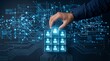 © CuteBee - Manager placing glowing person icon on top of glass cube pyramid for team leadership and human resource management strategy in digital technology office environment