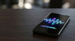 © MP-AI - Smartphone on dark table with listening screen for diabetes management innovations and health monitoring