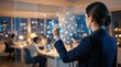 © Dreamscape - Businesswoman drawing strategy network on transparent glass board, leadership, corporate planning, innovation and growth keywords, team collaboration in, night city view
