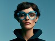 © Alex Photography - Stylish woman in oversized blue glasses against a teal background, offering a modern and fashionable look.