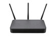 © Chinases - Black wireless internet router with three antennas and green indicator lights, isolated on a clean white background