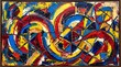 © Rocky - Vibrant abstract expressionist oil painting with thick textures, bold primary colors and curves.