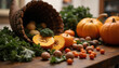 © LittleDreamStocks - Autumn harvest cornucopia basket with orange pumpkins squash and fresh greens on rustic table
