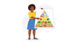 © Kael - Smiling woman presents a vibrant food pyramid illustrating healthy eating principles and balanced nutrition with various food groups.