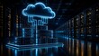 © Add Win - Glowing digital cloud symbol connected to a server stack in a futuristic data center representing cloud computing and network storage