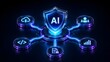 © Add Win - Glowing artificial intelligence security shield on a digital network hub connecting cloud user coding and analytics nodes