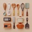 © Anjar Stock - Minimalist kitchen utensils and miniature appliances flat lay on beige background.