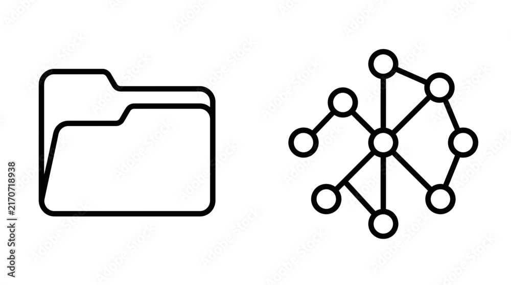 Network Node Vector File folder and network node diagram outline vector icons for data ...