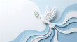 © Thuhora Khatun - Paper craft white dove with olive branch flying over blue waves for international peace day celebration background