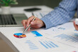 © MINAE - Business person analyzing financial data, pointing at a colorful pie chart on a report, demonstrating market analysis, investment planning, and corporate strategy concepts