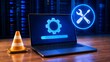 © emwe studio - Laptop computer displaying glowing gear and progress bar with physical traffic cone representing website under construction and it system maintenance